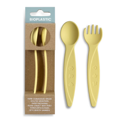 Bioplastic baby spoon and fork set mango